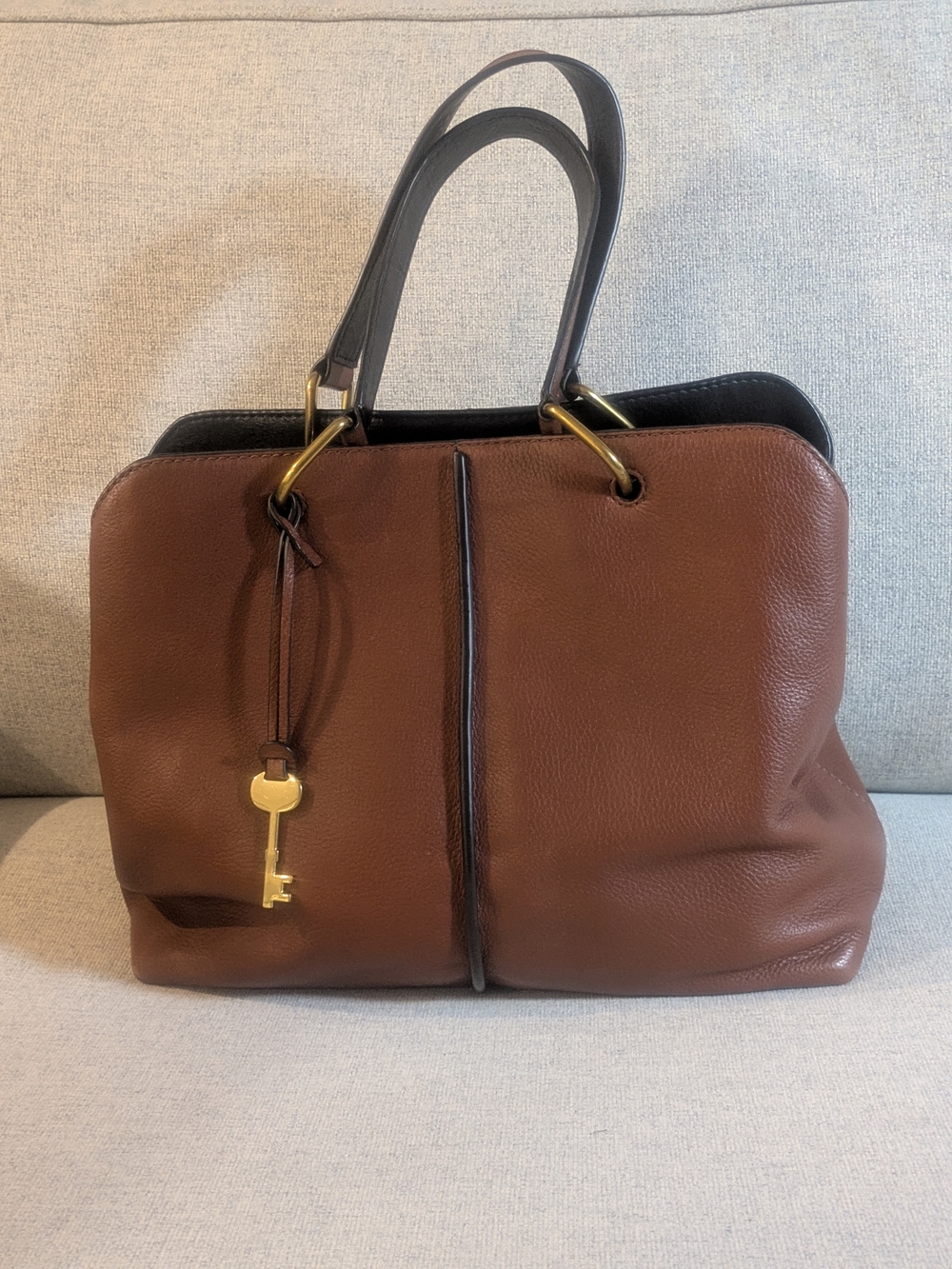 Fossil Brown Black Pebbled Leather Satchel Crossbody Key Charm Y2K